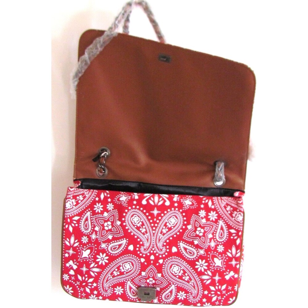 DESIGNER MIA BAG RED & WHITE BANDANA PRINT WHITE POM-POM CHARM CHAIN BAG - Picture 6 of 16
